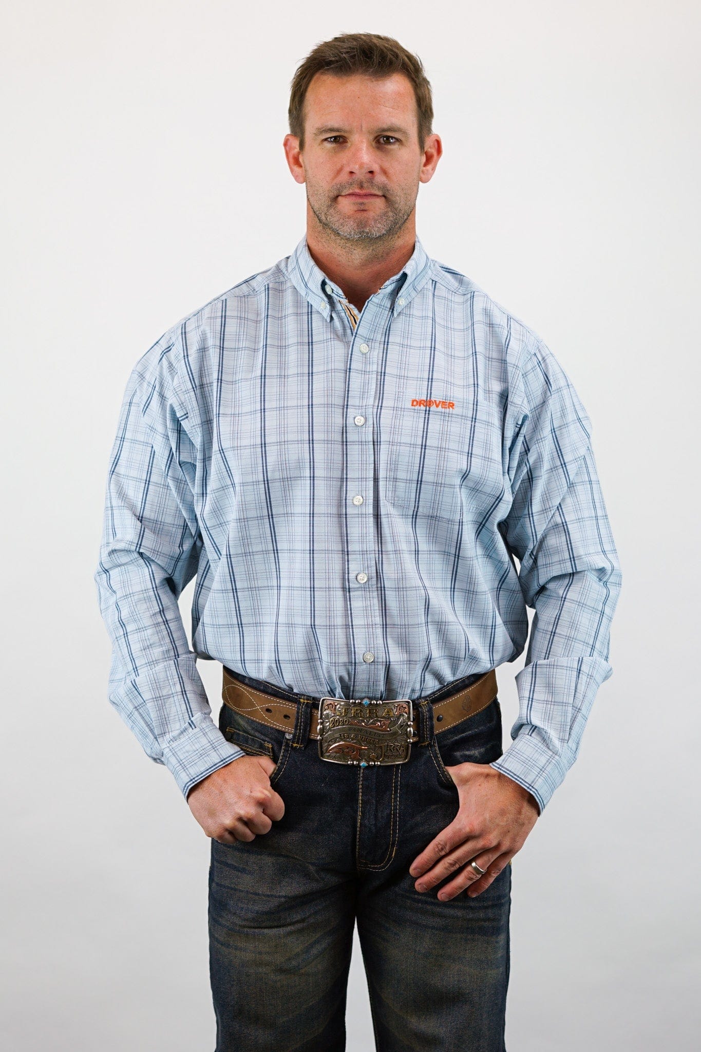 Drover Cowboy Threads Shirts Signature Series - Banjo - Blue with Blue, Plaid, Option Cuff, Classic Fit Shirt