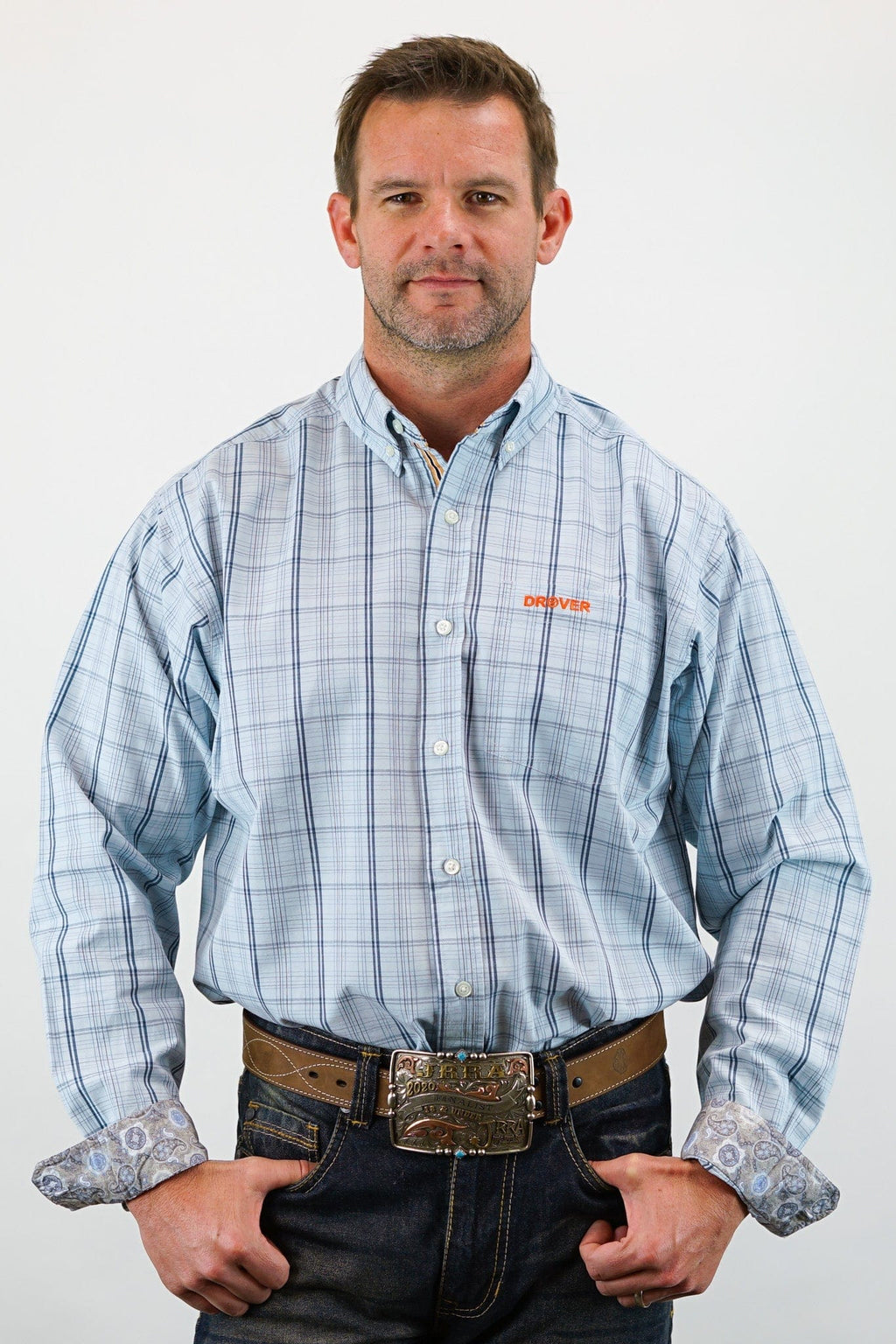 Drover Cowboy Threads Shirts Signature Series - Banjo - Blue with Blue, Plaid, Option Cuff, Classic Fit Shirt