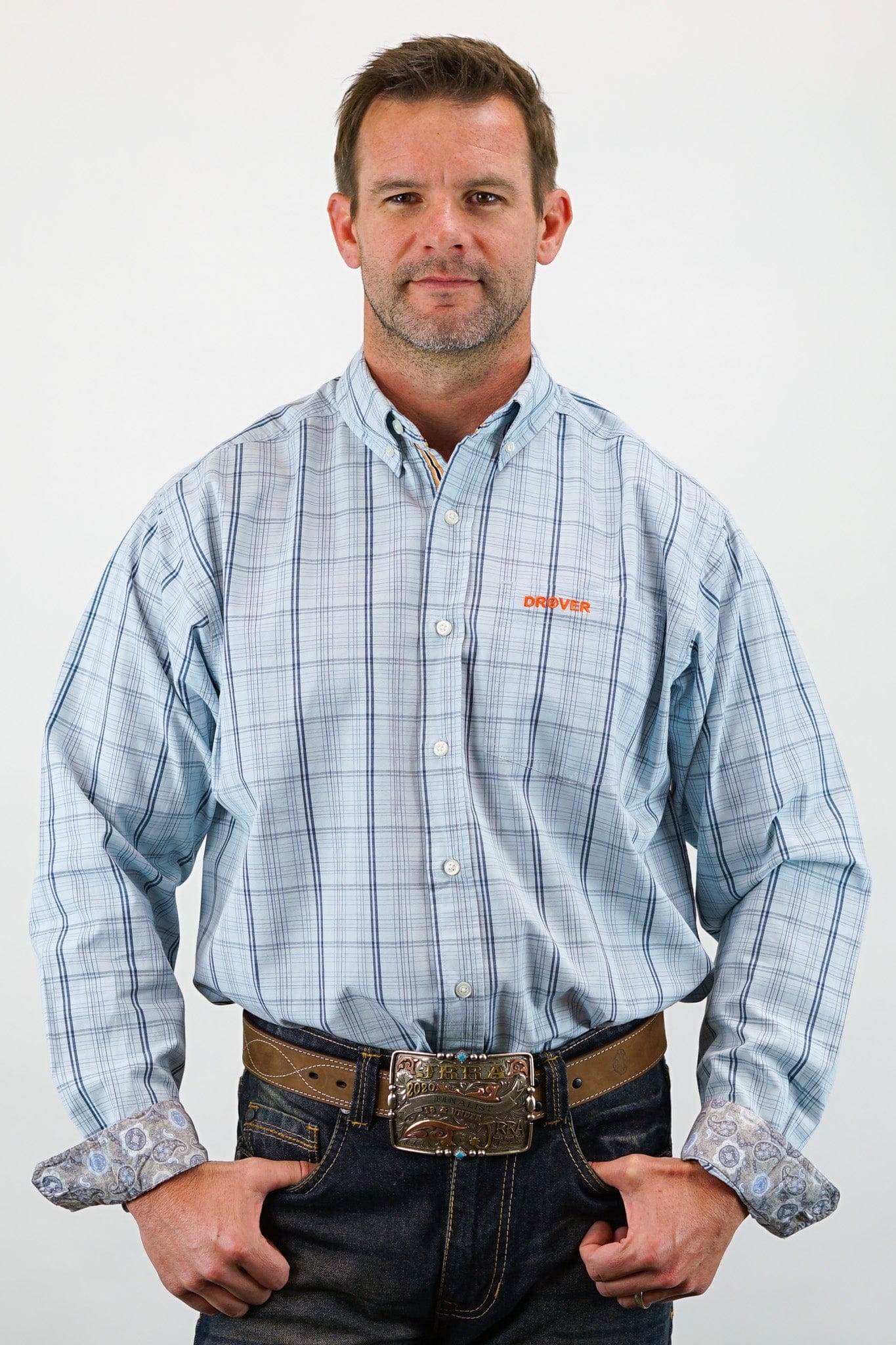 Drover Cowboy Threads Shirts Signature Series - Banjo - Blue with Blue, Plaid, Option Cuff, Classic Fit Shirt