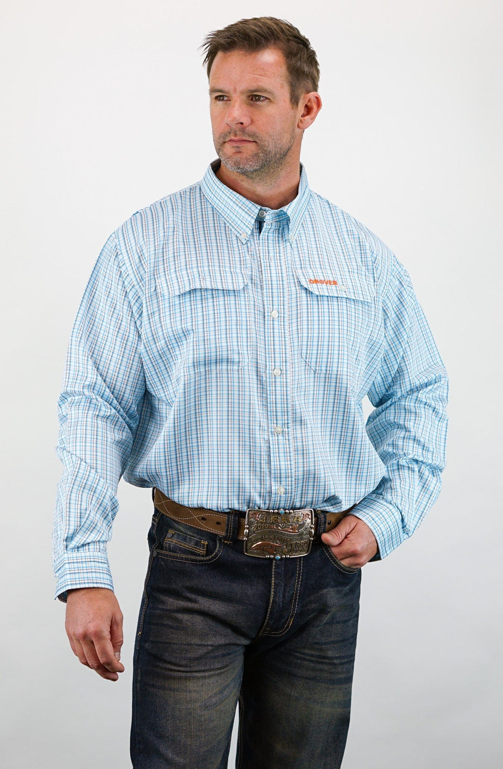 Drover Cowboy Threads Shirts Signature Series - Bonanza - Wrinkle Free, Vent, Print, Classic Fit Shirt (Blue Plaid)