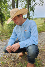 Drover Cowboy Threads Shirts Signature Series - Bonanza - Wrinkle Free, Vent, Print, Classic Fit Shirt (Blue Plaid)