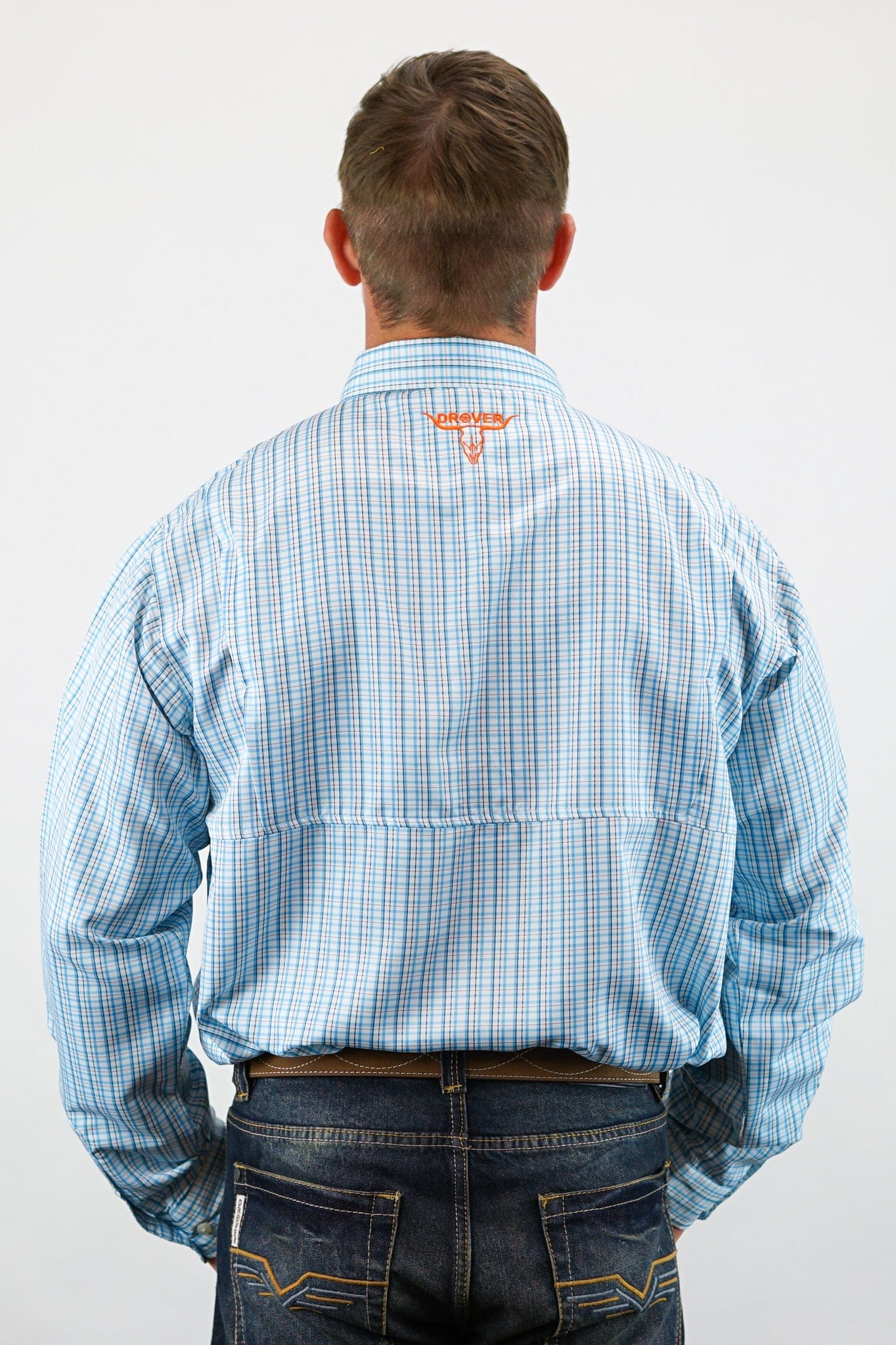 Drover Cowboy Threads Shirts Signature Series - Bonanza - Wrinkle Free, Vent, Print, Classic Fit Shirt (Blue Plaid)