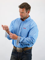 Drover Cowboy Threads Shirts Signature Series - Buckboard - Blue on Blue Diagonal Check Print, Option Cuff, Classic Fit Shirt