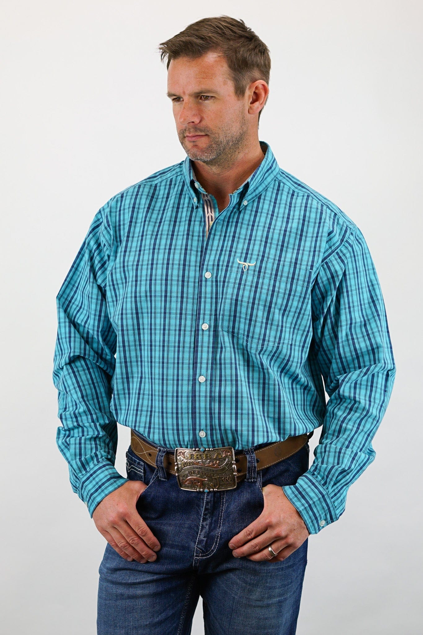 Drover Cowboy Threads Shirts Signature Series - Longhorn - Turquoise and Blue Plaid, Option Cuff, Classic Fit Shirt
