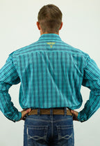 Drover Cowboy Threads Shirts Signature Series - Longhorn - Turquoise and Blue Plaid, Option Cuff, Classic Fit Shirt