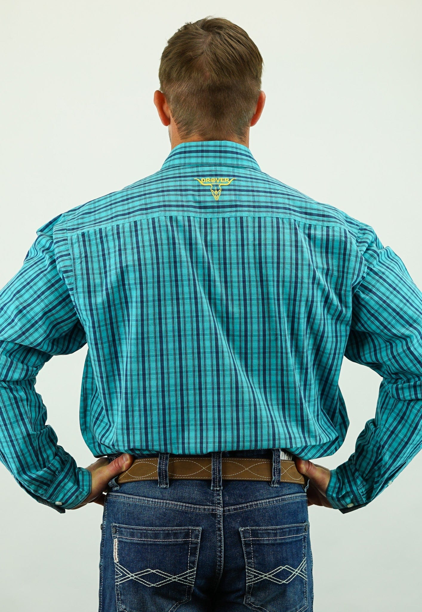 Drover Cowboy Threads Shirts Signature Series - Longhorn - Turquoise and Blue Plaid, Option Cuff, Classic Fit Shirt