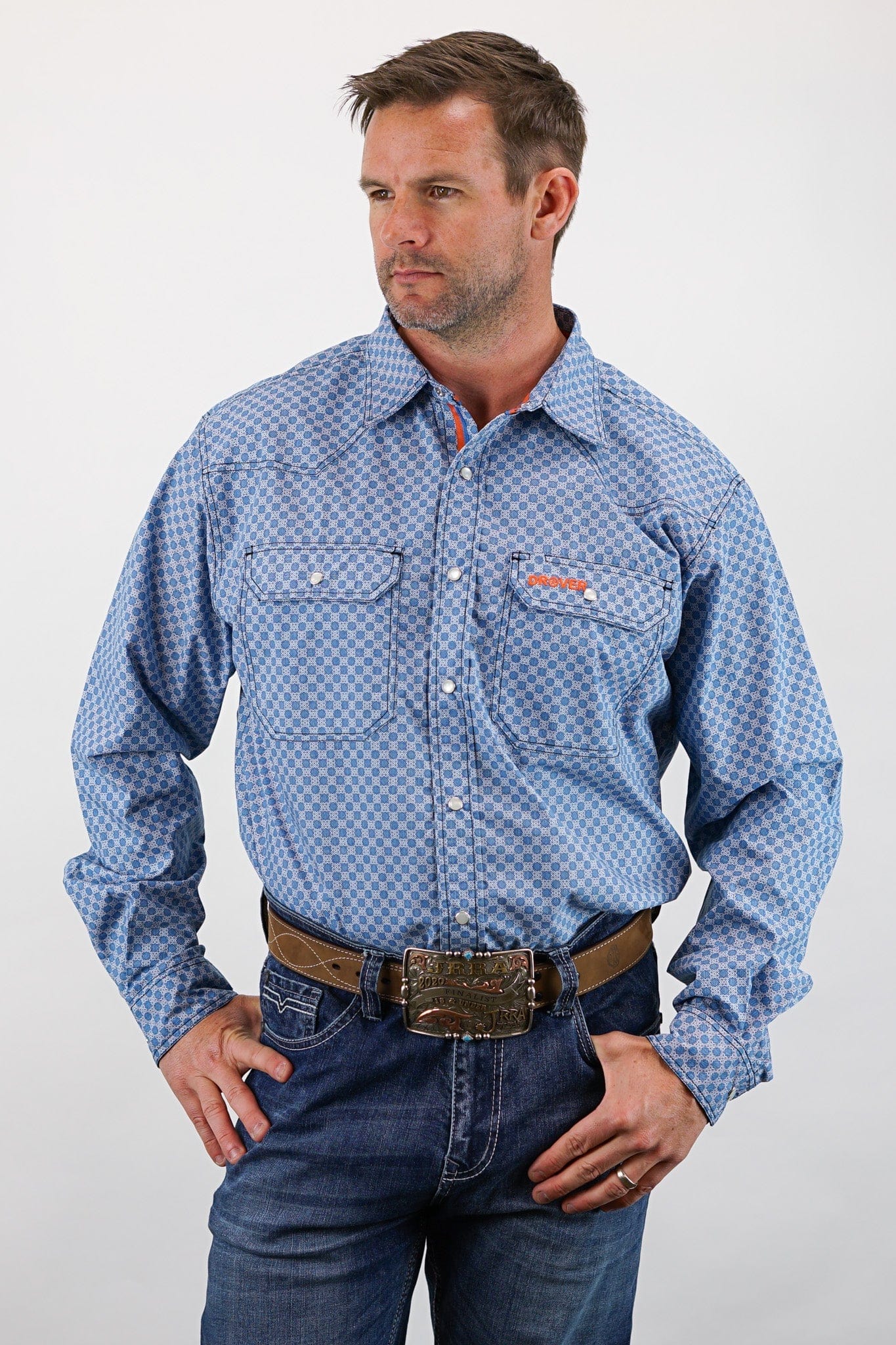 Drover Cowboy Threads Shirts Signature Series - Outlaw - Pearl Snap, Print, Option Cuff, Classic Fit Shirt (Blue Diamond)