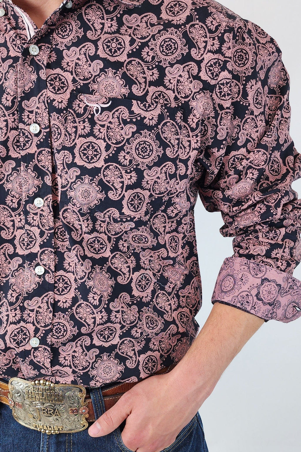 Drover Cowboy Threads Shirts Signature Series - Rattler - Black and Pink Paisley, Option Cuff, Classic Fit Shirt