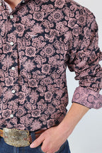 Drover Cowboy Threads Shirts Signature Series - Rattler - Black and Pink Paisley, Option Cuff, Classic Fit Shirt