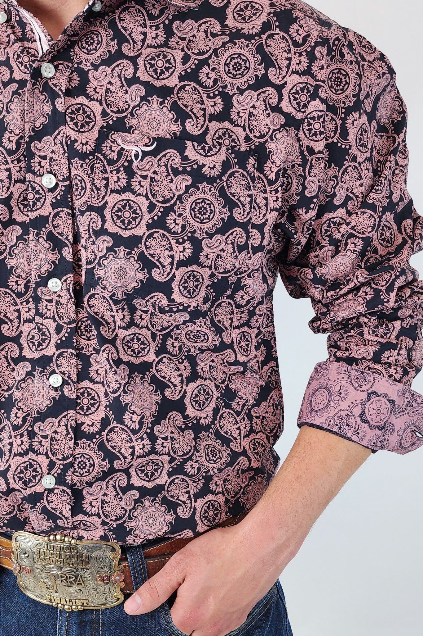 Drover Cowboy Threads Shirts Signature Series - Rattler - Black and Pink Paisley, Option Cuff, Classic Fit Shirt