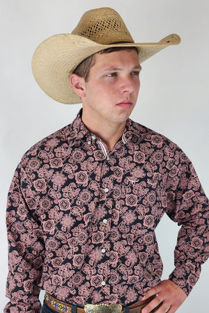 Drover Cowboy Threads Shirts Signature Series - Rattler - Black and Pink Paisley, Option Cuff, Classic Fit Shirt
