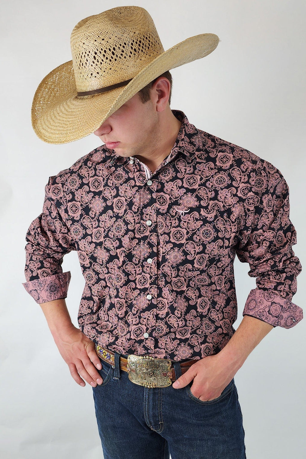 Drover Cowboy Threads Shirts Signature Series - Rattler - Black and Pink Paisley, Option Cuff, Classic Fit Shirt