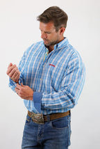 Drover Cowboy Threads Shirts Signature Series - Savanna - Blue and White Plaid, Option Cuff, Classic Fit Shirt