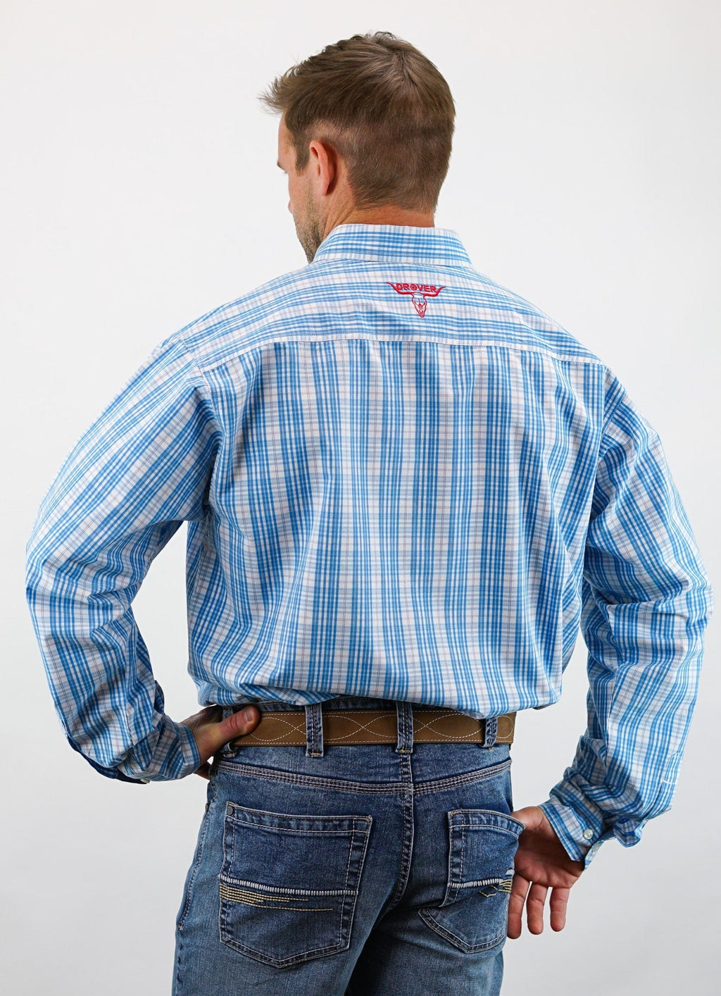 Drover Cowboy Threads Shirts Signature Series - Savanna - Blue and White Plaid, Option Cuff, Classic Fit Shirt