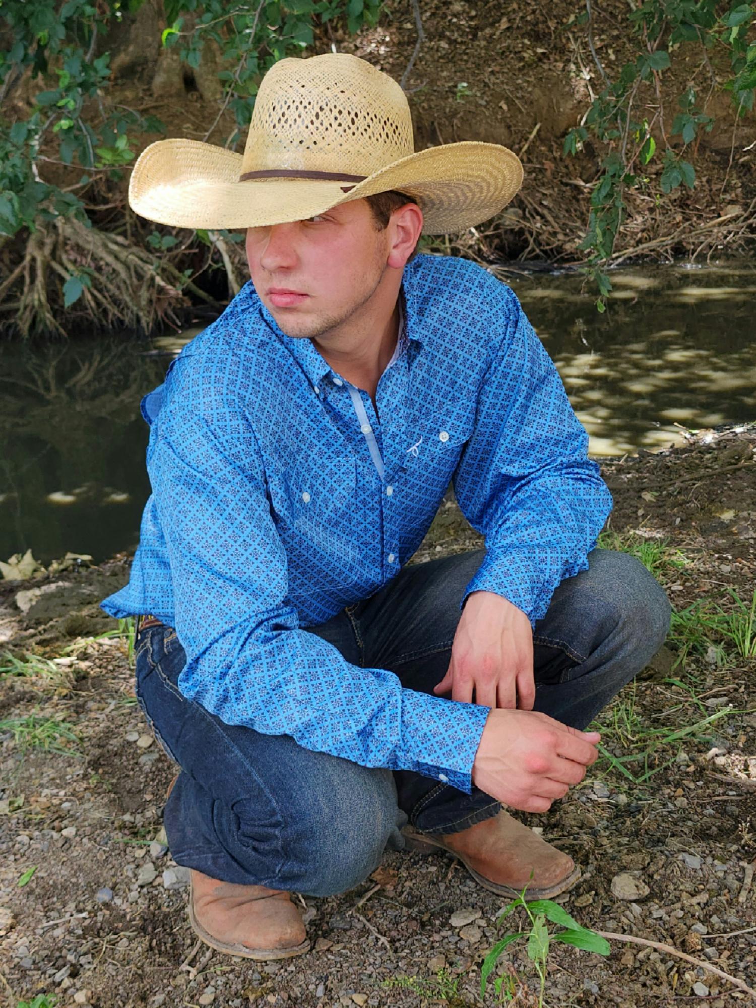 Drover Cowboy Threads Shirts Signature Series - Scout - Vented, Moisture Wicking, Blue and Slate Gray Print, Classic Fit Vent Shirt