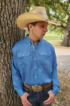 Drover Cowboy Threads Shirts Signature Series - Scout - Vented, Moisture Wicking, Blue and Slate Gray Print, Classic Fit Vent Shirt