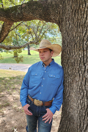 Drover Cowboy Threads Shirts Signature Series - Scout - Vented, Moisture Wicking, Blue and Slate Gray Print, Classic Fit Vent Shirt