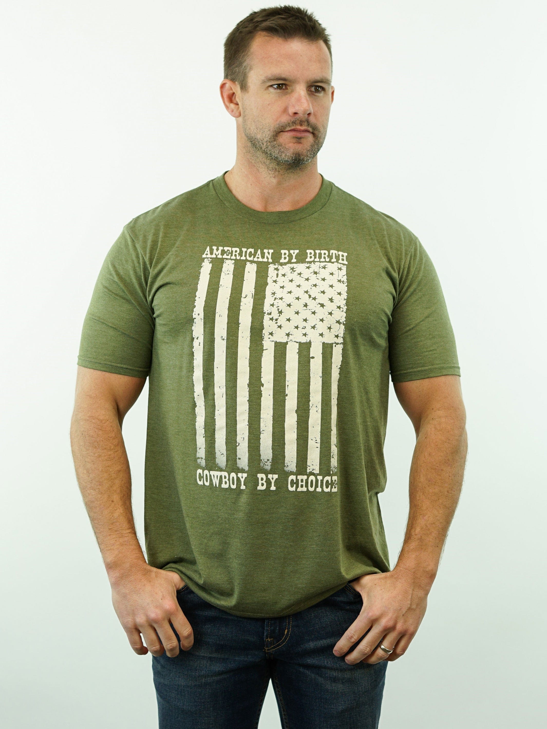 Drover Cowboy Threads Shirts T-Shirt - American By Birth, Cowboy By Choice -  Army Green Heather