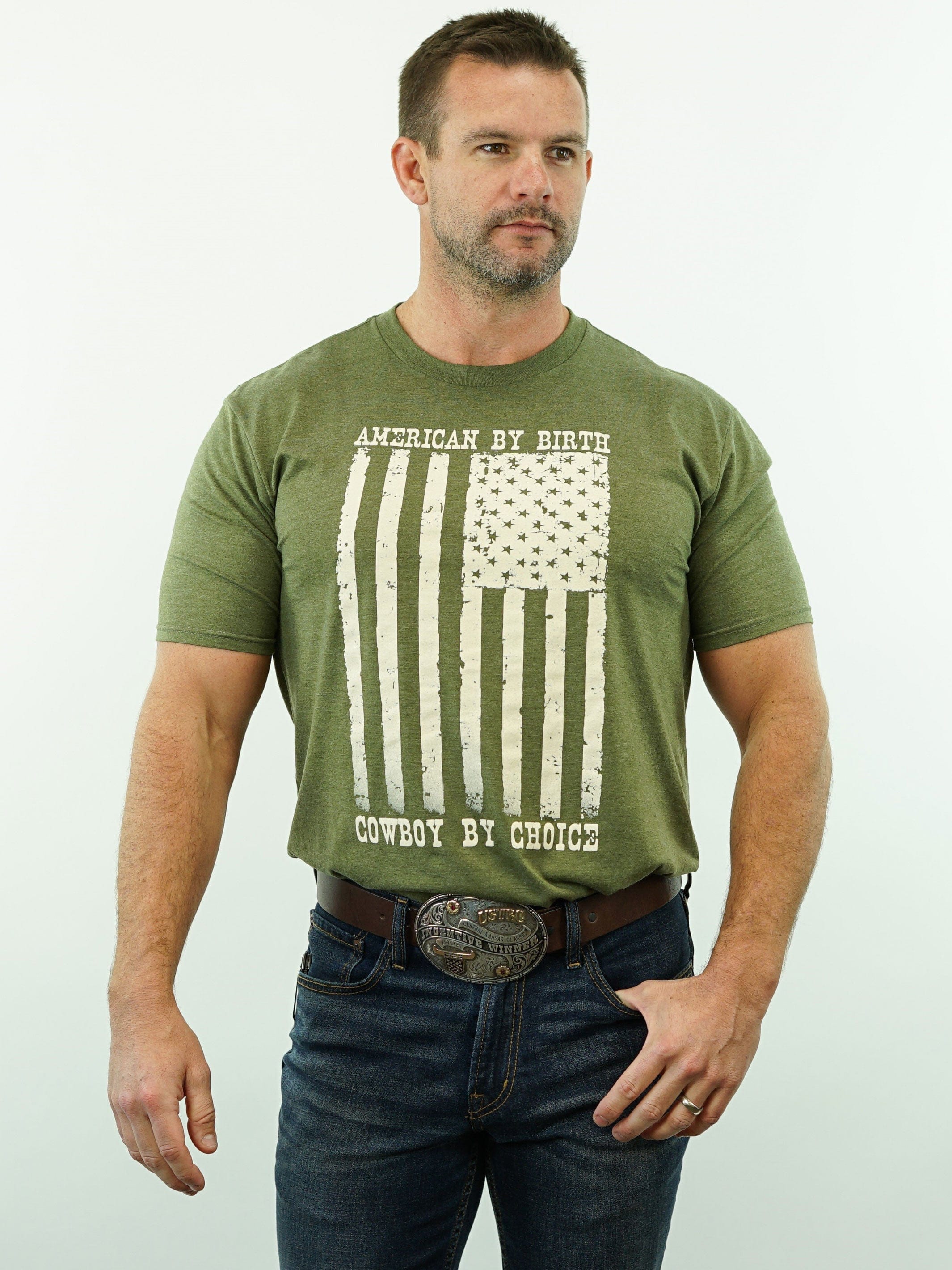 Drover Cowboy Threads Shirts T-Shirt - American By Birth, Cowboy By Choice -  Army Green Heather