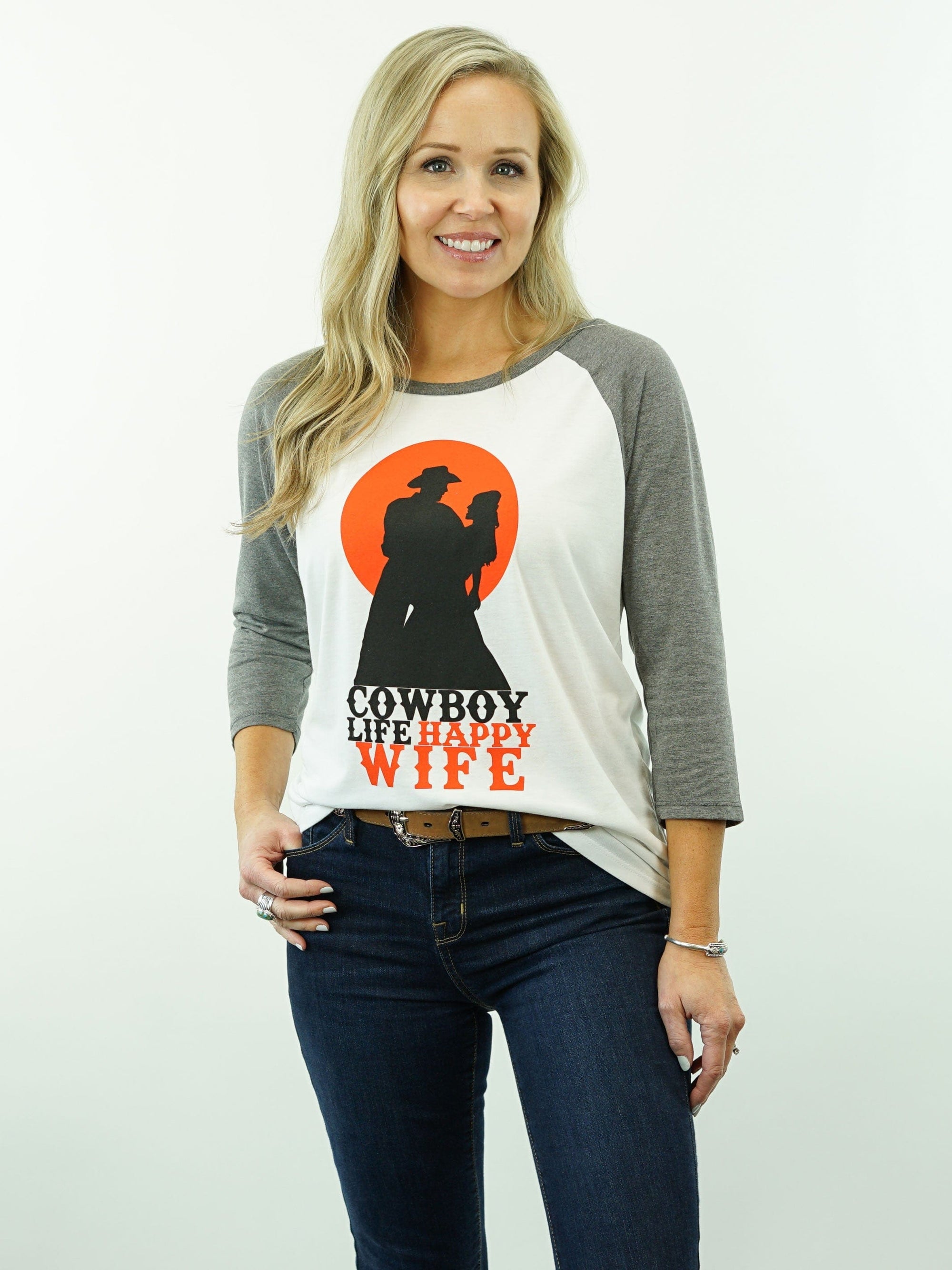 Drover Cowboy Threads Shirts T-Shirt - Cowboy Life Happy Wife - Two Color, 3/4 Sleeve, Women's Cut