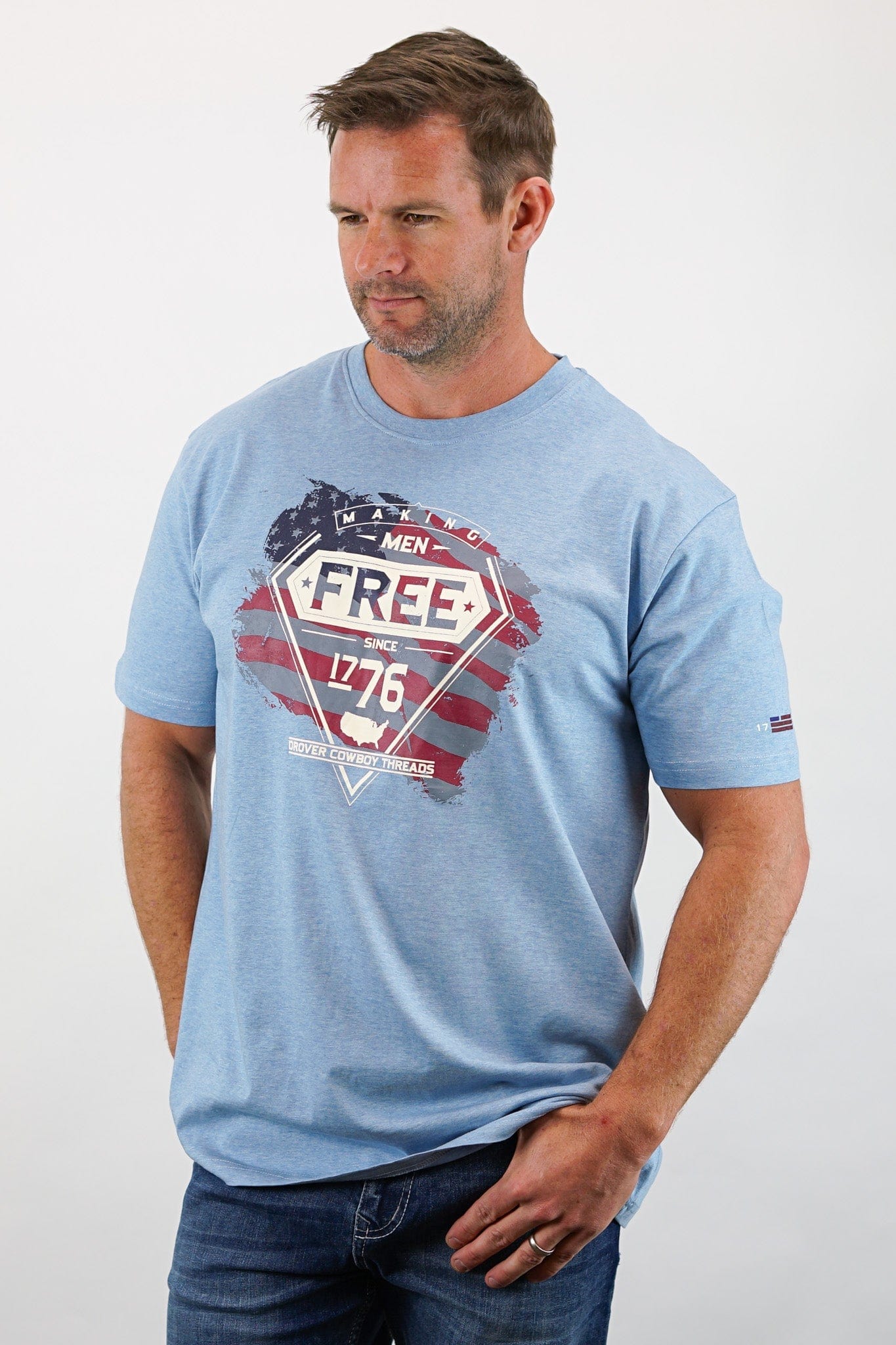 Drover Cowboy Threads Shirts T-Shirt - Making Men Free Since 1776 - Heathered Light Blue