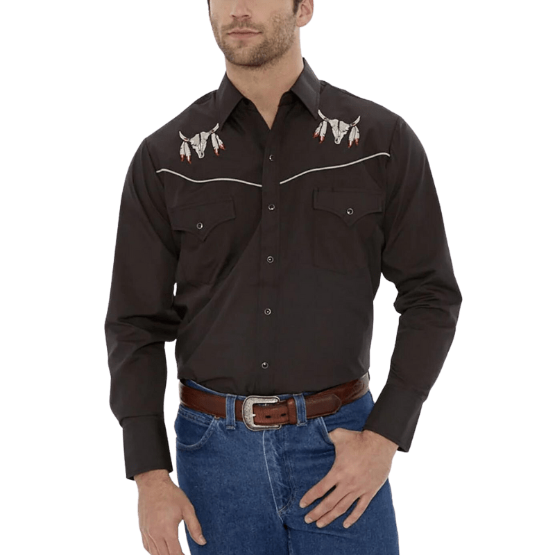 Ely Cattleman Men's Long Sleeve Rose Embroidery, Black