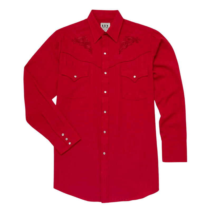ELY & WALKER Shirts Ely & Walker Men's Red Rose Embroidery Long Sleeve Western Snap Shirt 2035004-RD