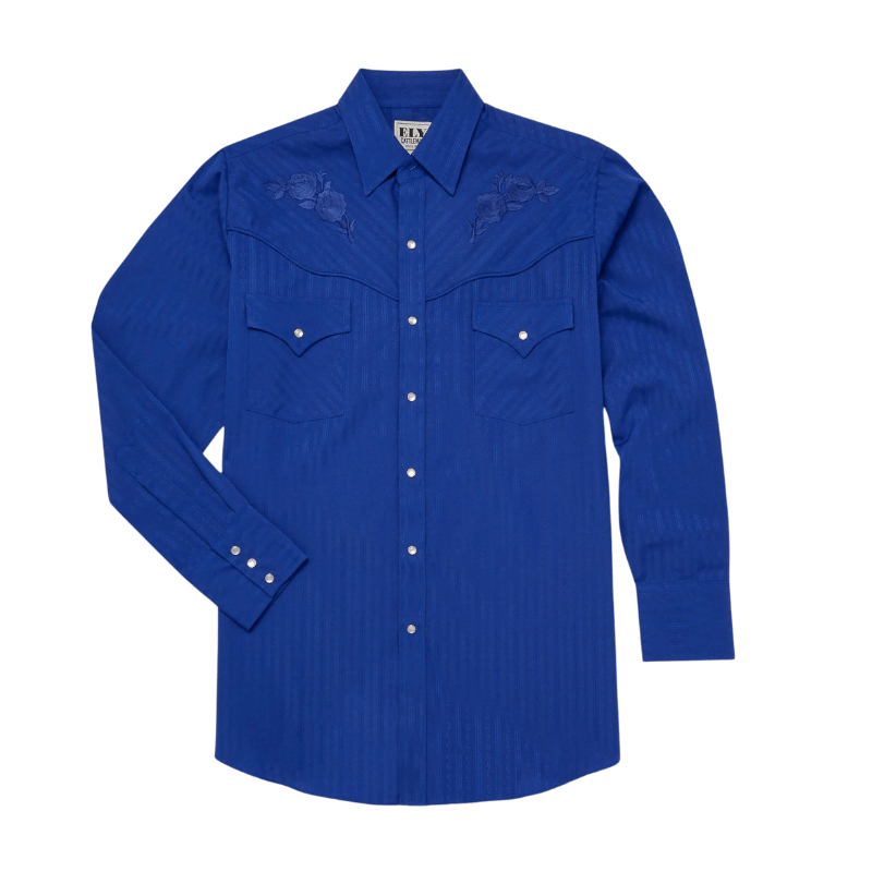 ELY & WALKER Shirts Ely & Walker Men's Royal Blue Rose Embroidery Long Sleeve Western Snap Shirt 2035004-RO