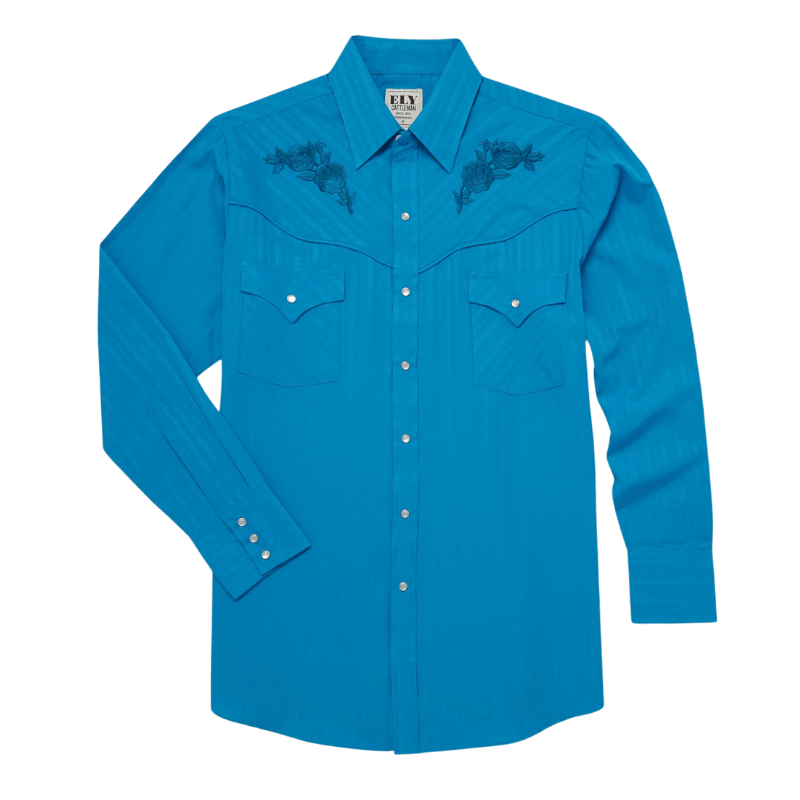ELY & WALKER Shirts Ely & Walker Men's Turquoise Rose Embroidery Long Sleeve Western Snap Shirt 2035004-TQ