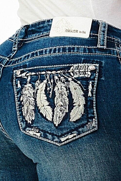 Grace In LA Jeans Grace in LA Women's Silver Aztec Feather Mid Rise Bootcut Jeans EBS512SL