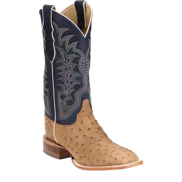 JUSTIN BOOTS Boots Justin Men's Antique Saddle & Navy Chisolm Full Quill Ostrich Exotic Boots JE8170