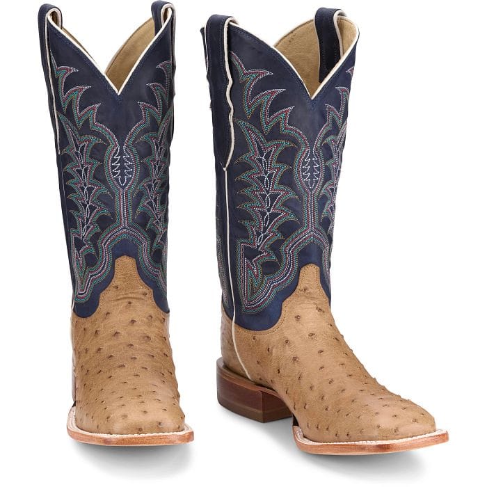 JUSTIN BOOTS Boots Justin Men's Antique Saddle & Navy Chisolm Full Quill Ostrich Exotic Boots JE8170