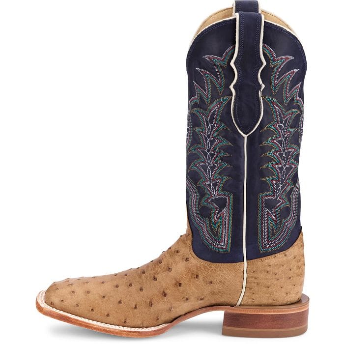 JUSTIN BOOTS Boots Justin Men's Antique Saddle & Navy Chisolm Full Quill Ostrich Exotic Boots JE8170