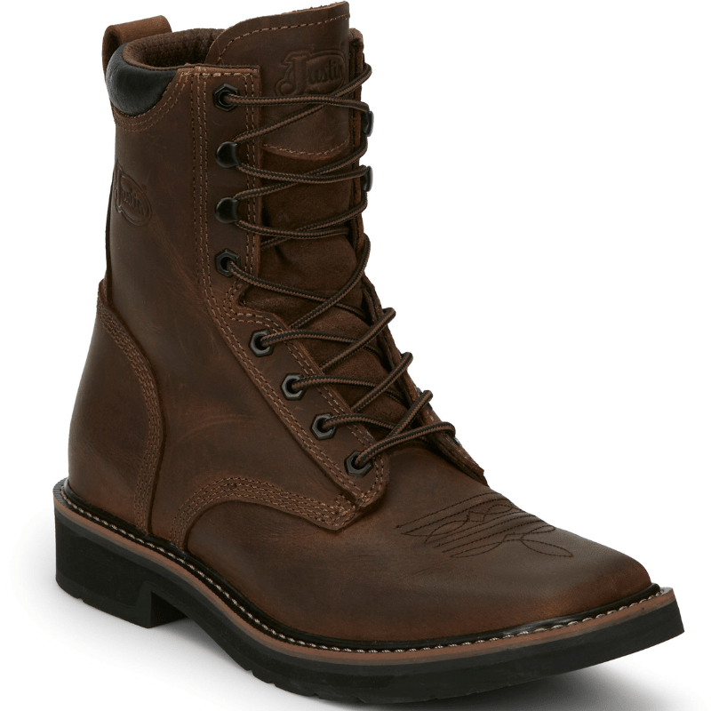 靴 Guild of Crafts Rusty 6-1/2 Justin Men's Pulley Aged Brown Lace-Up Work Boot SE681