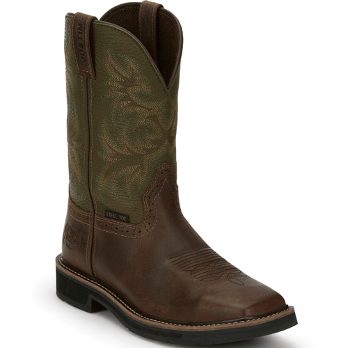Justin Work Boots Justin Men's Stampede Driller Brown/Green Steel Toe Work Boots SE4688