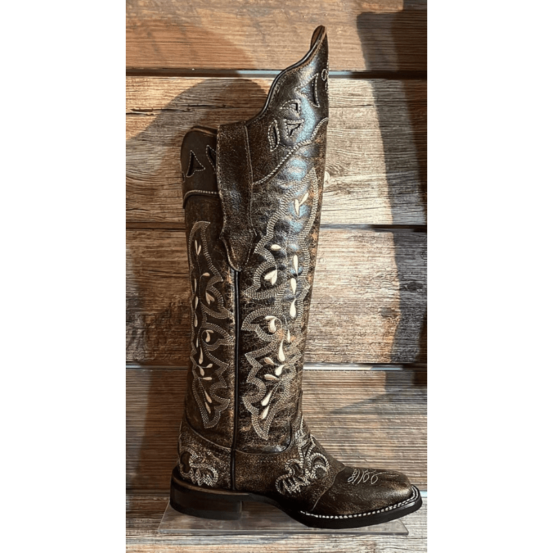 Lacy Boots Boots Frost Style Tall Buckaroo in Rustic Brown with Shin Protection
