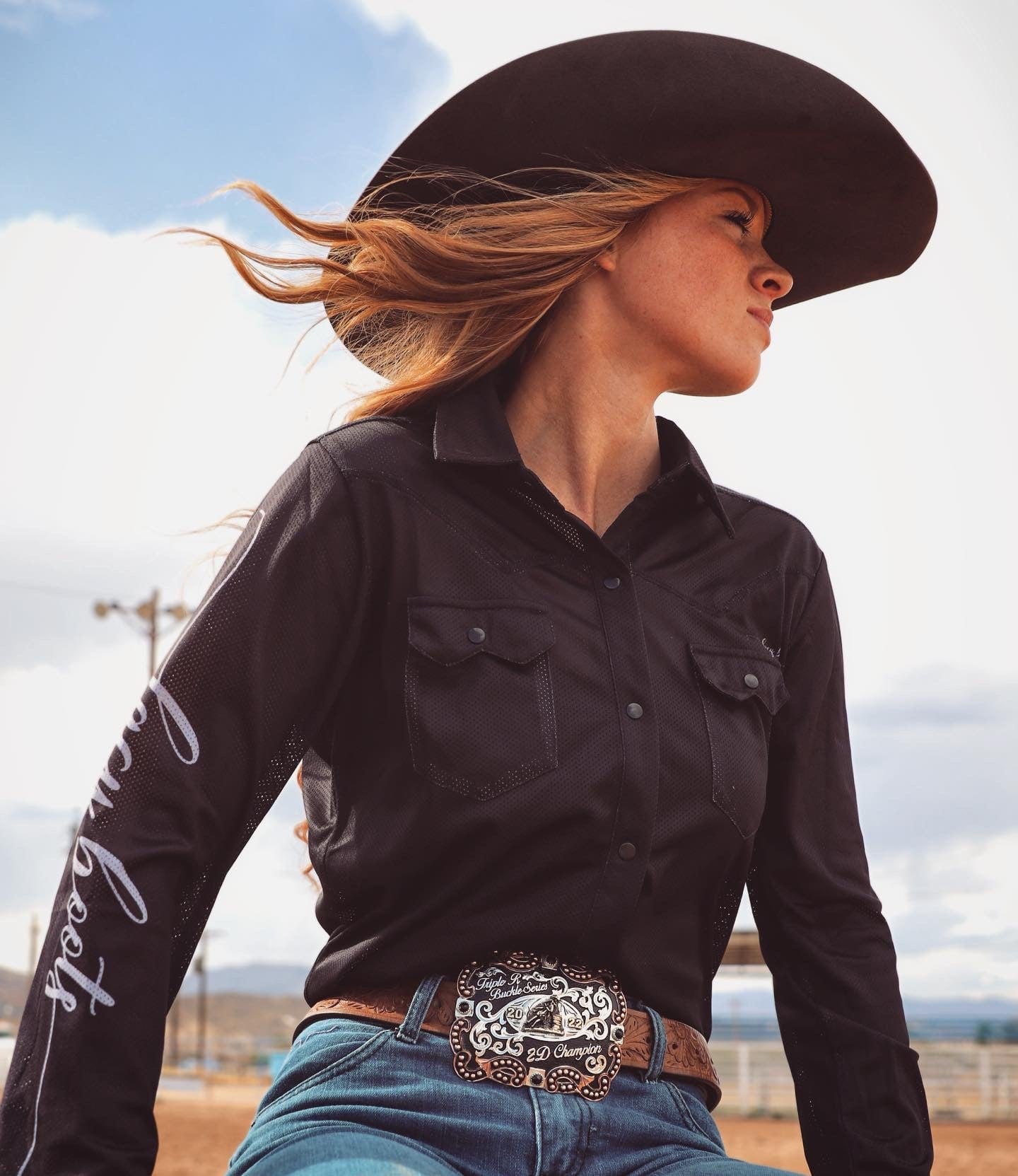 Lacy Boots Shirts Cool Cowgirl® Perforated Cooling Shirts! Solid Black with "Lacy Boots" Down Arm