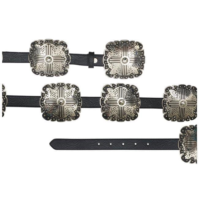 Black Western Style Belt W/Silver-Toned Buckle W/Embossed Design