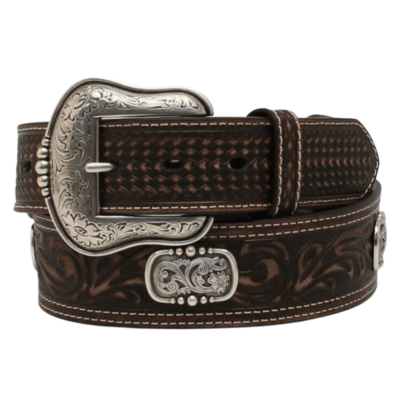 M&F WESTERN Belts Ariat Men's Brown Double Stitched Oval Concho Leather Belt A1037802