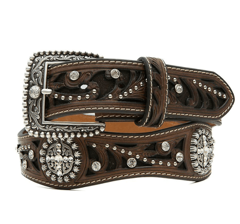 M&F WESTERN Belts Ariat Women's Brown Scroll Inlay Crystal Embellished Scalloped Belt A1513002