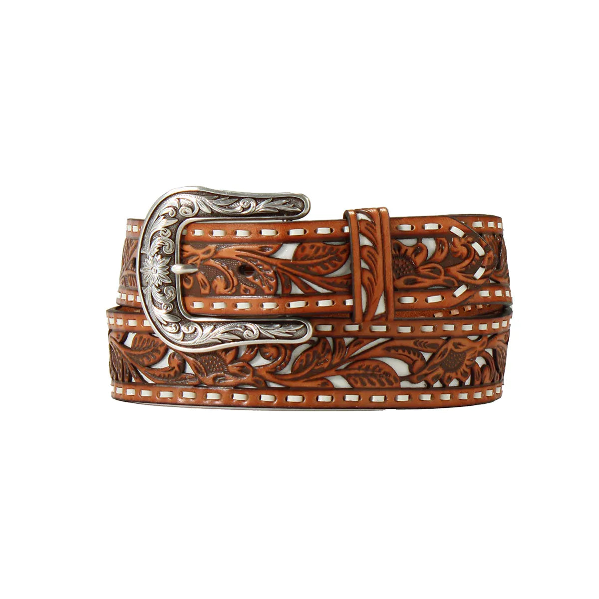 M&F WESTERN Belts Nocona Women's Brown Floral Filigree & White Underlay Western Belt N320006408