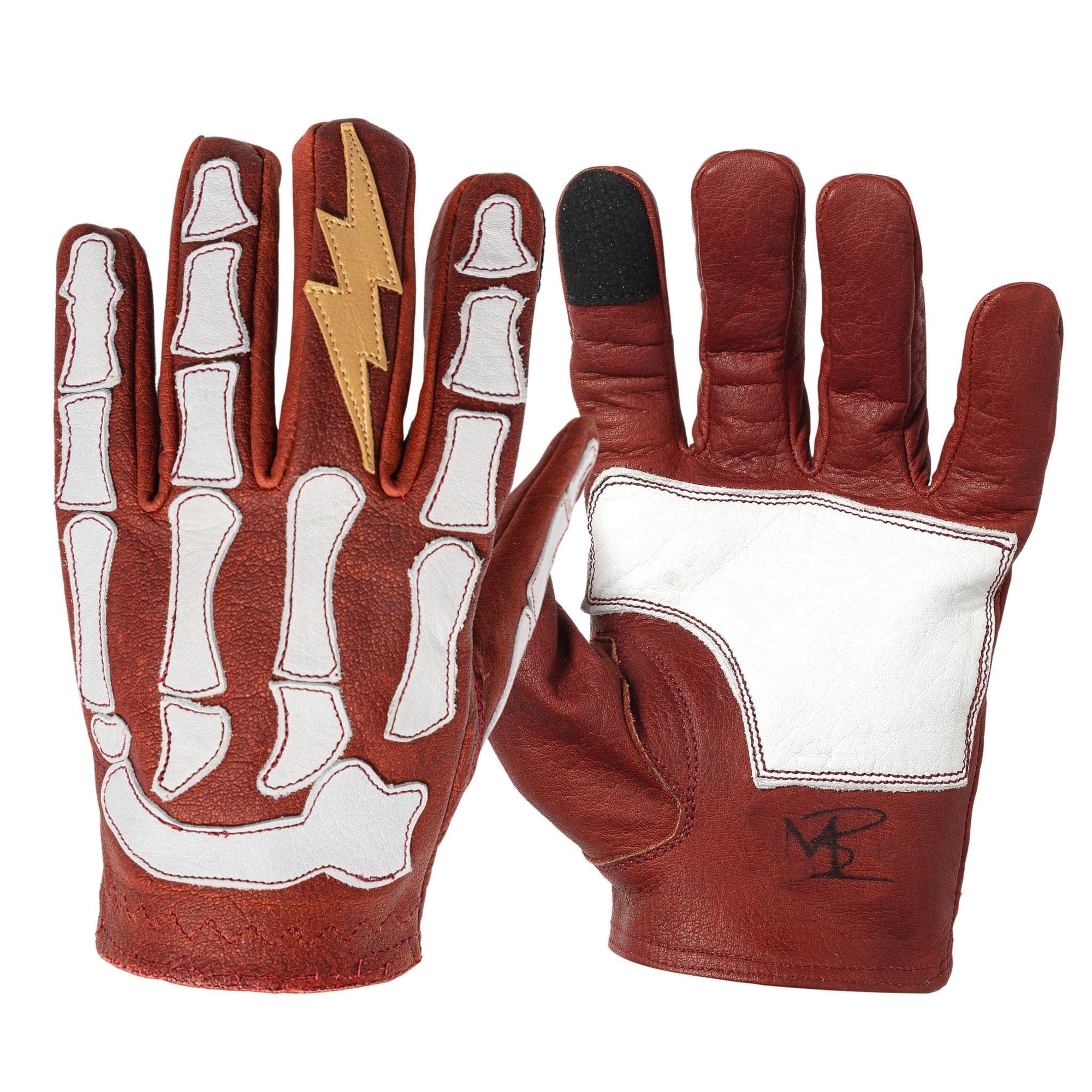 Maroon Bell Outdoor® Gloves XS Astrapí (Lightning) Skeleton Leather Motorcycle Glove - Red-White