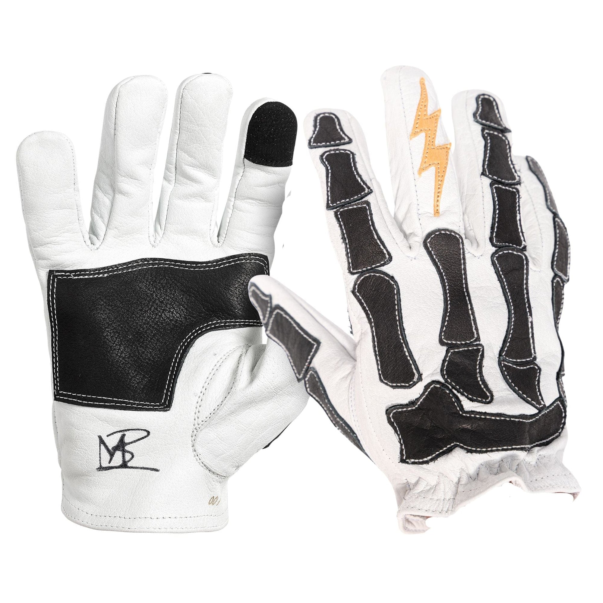 Maroon Bell Outdoor® Gloves XS Astrapí (Lightning) Skeleton Leather Motorcycle Glove - White-Black
