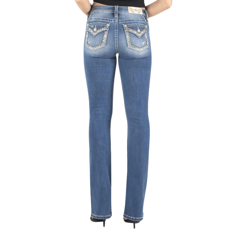 Miss Me Jeans Miss Me Women's Gold Floral Stitch Border Mid Rise Bootcut Jeans M9235B