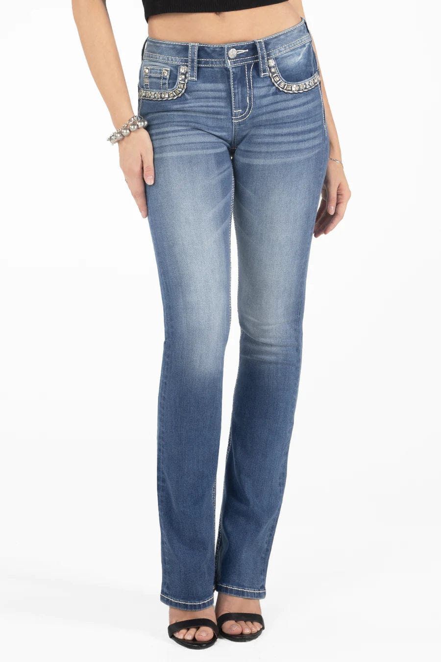 Miss Me Jeans Miss Me Women's Gold Floral Stitch Border Mid Rise Bootcut Jeans M9235B