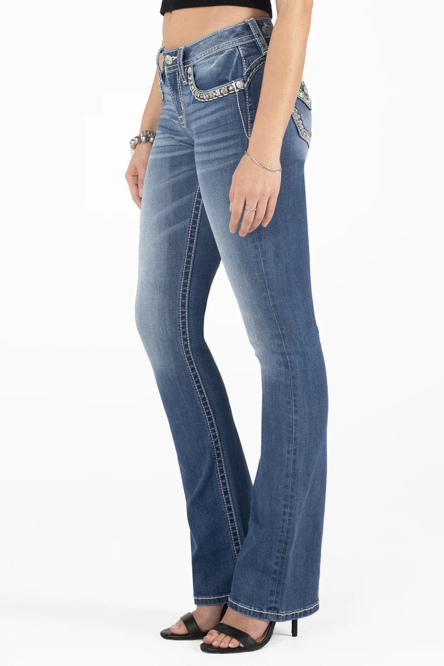 Miss Me Jeans Miss Me Women's Gold Floral Stitch Border Mid Rise Bootcut Jeans M9235B