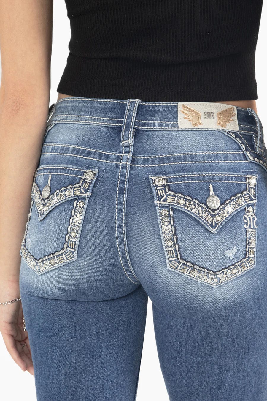 Miss Me Jeans Miss Me Women's Gold Floral Stitch Border Mid Rise Bootcut Jeans M9235B