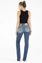 Miss Me Jeans Miss Me Women's Gold Floral Stitch Border Mid Rise Bootcut Jeans M9235B