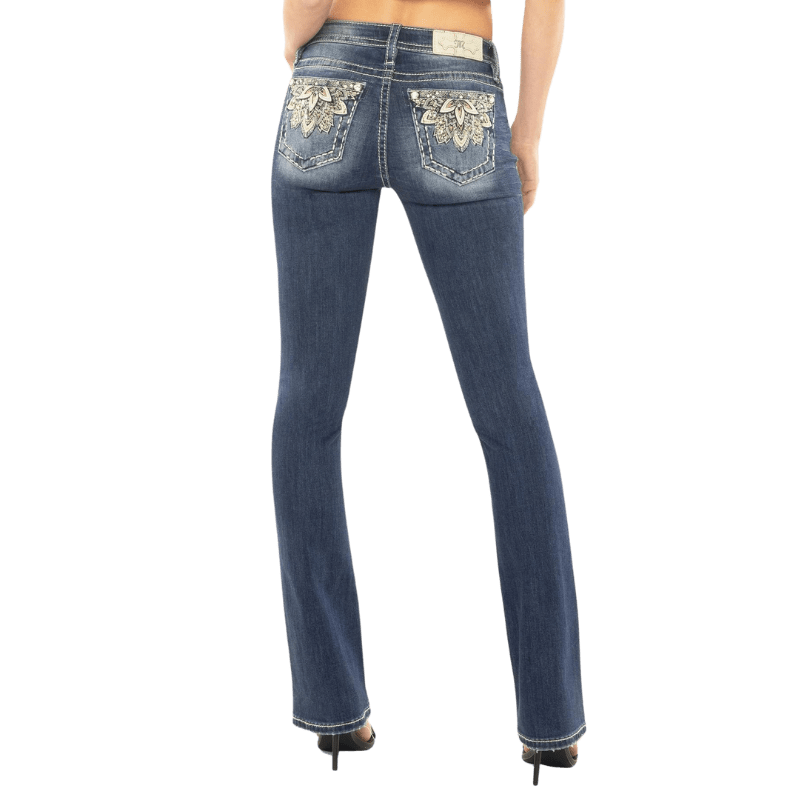 Miss Me Women's Metallic Floral Mid Rise Stretch Bootcut Jeans