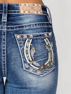 Miss Me Jeans Miss Me Women's Tribal Horseshoe Mid Rise Bootcut Jeans M9198B